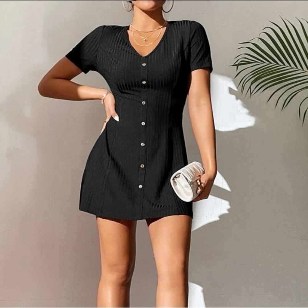 Rib-knit Button Down Black Short Sleeve Dress